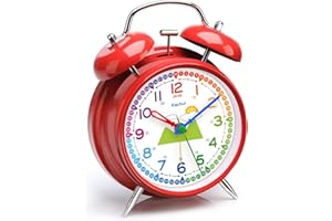 Eachui Doppelglockenwecker mit Nachtlicht, analoger Wecker für Kinder ohne Ticken, lauter Alarm, geräuschlos, batteriebetrieben, Retro-Design für Jungen und Mädchen (Rot)