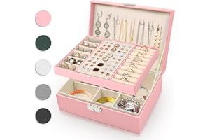 Eucomir Porta Gioielli Donna, Porta Gioielli da Viaggio Grande Gioielli Scatola Organizer 2 Strati Porta Gioielli Bambina in Pelle PU per Anelli Bracciali Orecchini Collane,Rosa Chiaro