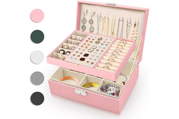 Eucomir Boîte à Bijoux pour Femme, 2 Couches Grand Boite a Bijoux Fille de Voyage Étui en Cuir PU pour Bagues, Bracelets, Boucles d'oreilles, Colliers,Rose Clair