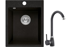 Manestein Sink with Tap, Granite Kitchen Sink, Built-in Sink, Single Sink with Sink, Space Saving & Easy Care, 39 cm x 48 cm, Graphite - Black Speckled with Tap