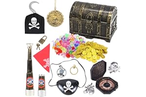 WDKXCN Pirate Treasure Chest, Treasure Chest Kids with Gold Coins, Fake Gems, Compass, Telescope and Pirate Accessories, Treasure Box, Pirate Chest Kids for Pirate Party, Hunting