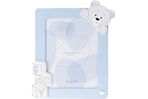 VALENTI & CO. - Cornice Porta Foto celeste in legno con Orsetto, da Tavolo o da appendere come decorazione in cameretta, idea regalo per Neonato e Bambino - 18x24