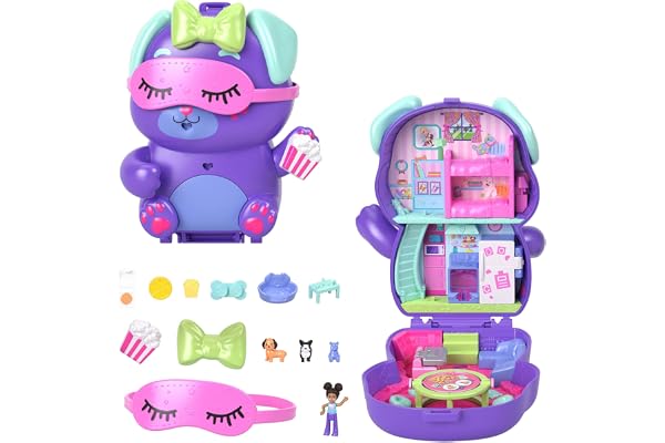 Polly Pocket Coffret Chiot Festif Jouet de voyage avec 1 mini-figurine, chiens, nourriture et accessoires de mode, JCR38