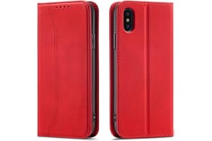 OKZone Kompatibel mit iPhone XS/iPhone X (5,8 Zoll) Hülle, Magnet Leder Tasche Handyhülle, Kartenfächer Schutzhülle, [Premium PU Leder] Flip Klappbare Stoßfeste Magnetische Standfunktion (Rot)