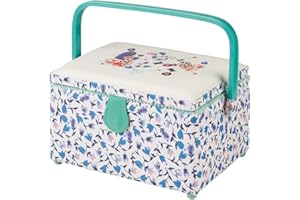 Sewing Online Medium Sewing Box,Blue Floral Fabric with a Sewing Notions Aplique Lid | 26 x 18 x 15cm | Storage & Organiser Basket with Compartments for Sewing Supplies/Accessories - GA1116M
