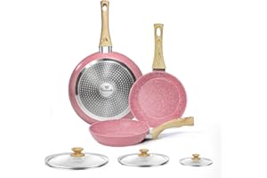 Innerwell Padelle 20/24/28 cm con Coperchio Rosa, Padella a induzione con Antiaderente in Granito, Senza PFOA, Alluminio