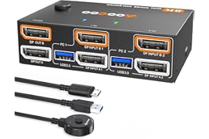 AOOCOO Conmutador KVM 8K@30Hz/4K@144Hz, DP KVM Switch para 2 ordenadores, 2 monitores y 4 dispositivos USB 3.0, mando a distancia por cable y cable USB incluido