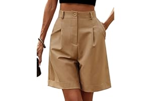 Zeagoo Pantaloncini Donna Estivi Vita Elastica a Vita Alta Bermuda Pantaloncini Casual Gamba Larga Lavoro con Tasche