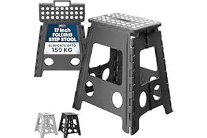 MY DIY PROFESSIONAL PRODUCTS MY DIY Folding Step Stool 17 Inch (45cm) Lightweight Heavy Duty Strong Plastic Stool For Kids & Adults With Easy Carry Handle 150KG Weight Capacity Portable Footstool (Grey)