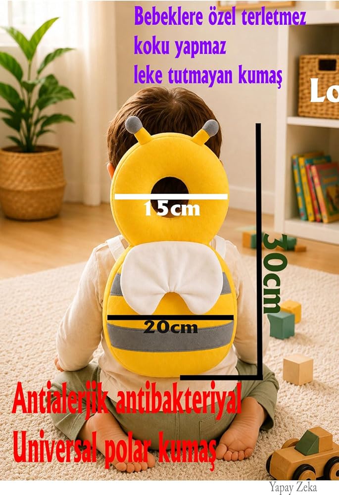 Bebek Kafa Koruma Yastığı Arı Model 20x30 Ebat Sarı-Gri | Antialerjik Polar Kumaş, Terletmez Malzeme, Leke Tutmaz, 6-24 Ay Uyumlu, Sırt Askılı