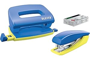 Leitz Urban Chic, Set Mini Cucitrice e Mini Perforatore, Capacità 10 Fogli, Blu