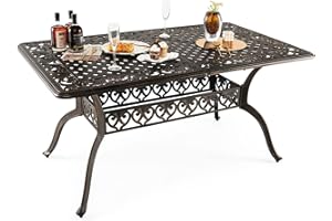 TANGZON Outdoor Large Dining Table, 150 x 90CM Cast Aluminum Rectangular Table with 4/5CM Umbrella Hole & Hollow Pattern, Garden Dining Furniture for Lawn, Backyard, Balcony