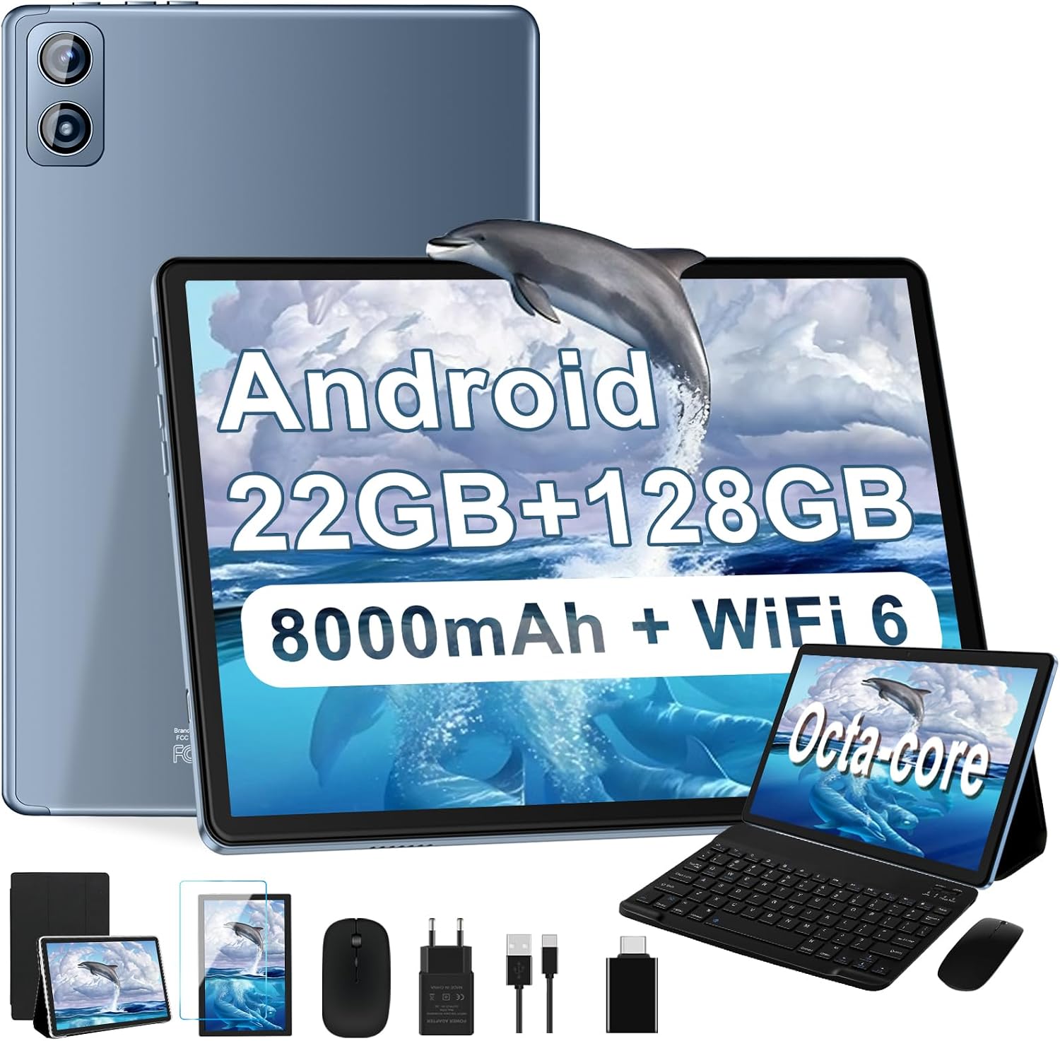 Dghrti Tablet Android 10,1 Pulgadas, 22GB RAM+128GB ROM/TF 2TB, 8000mAh, 8-Core CPU, Face ID, Widevine L1, WLAN 6, BT5.0, GPS, 5MP+8MP, Teclado Incluido Conjunto Ratón-Gris