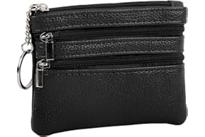 Apradas Womens Mini Coin Purse with Key Ring, Leather 3 Zipper Pockets Wallet Card Holder with Key Ring Cash Pouch Small Coin Purse Wallet for Men Women Black