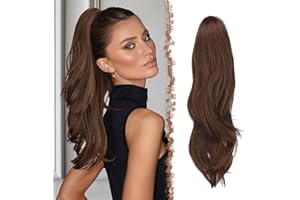FESHFEN Coda Capelli Extension con Coulisse, Natur Ondulati Lunga Ricci Posticci Sintetici Marrone Scuro & Rosso Marrone Coda Cavallo Extensions Posticci Capelli per Donna, 50 cm