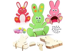 Tenuevo Hasen aus Holz zum Bemalen, 10 Stück Ostern Holz zum Malen mit Bunte Mini Pompons und Kulleraugen, DIY Osterhase Deko für Kinder Bastelset, Ostern Deko Ostern Basteln Frühling zum Dekorieren