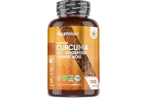WEIGHTWORLD Curcuma Bio Gélules, Poivre Noir & Gingembre, 180 Gélules Vegan, Curcuma Complex Certifié Agriculture Biologique - Turmeric Source de Curcumine, Vitamines et Minéraux - sans OGM, Fabriqué en Europe