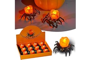 POWZOO Velas Halloween,Velas LED 12 Uds,Luz de arañas de Halloween,con Pilas,Parpadeo Sin Llama Blancos Cálidos,para Decoracion Party,Adornos De Casa Embrujada.