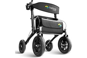 Helavo déambulateur pour l'extérieur avec pneus à air - Rollator pliable en aluminium pour l'extérieur avec siège - Mobilité et confort maximum à l'extérieur