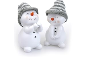TEMPELWELT 2X Deko Figur Schneemann im Set je 11 cm, Keramik weiß, Wintermütze Textil Wolle grau, Keramikfigur Dekofigur Winter Weihnachten Advent Dekoration [Typ A]