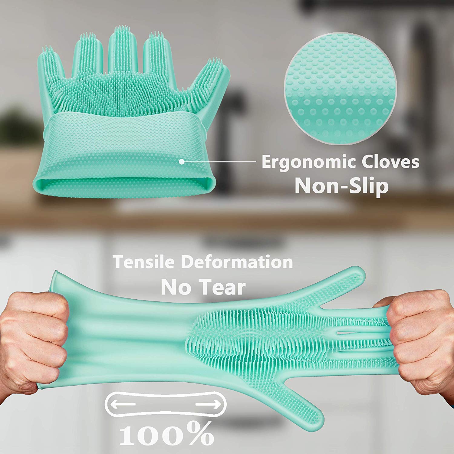 Carecroft Silicone Cleaning Reusable Heat Resistant Pair Magic Brush Gloves Scrubber for Kitchen Dishwashing Dish Car Wash Pet Bathroom Household, Blue, Pack of 1. - Image 3