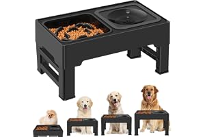 ikuso 2-in-1 Elevated Slow Feeder Dog Bowls, 4 Height Adjustable Raised Dog Bowls Stand with No Spill Water Bowl, Non-Skid Pe
