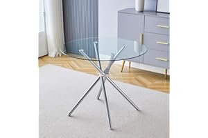 Hallowood Furniture Cullompton Small Glass Dining Table with Stainless Steel Cross Legs, 2-4 Seater Glass Top Round Table for Dining Rooms, Kitchens, or Cafés (90cm)