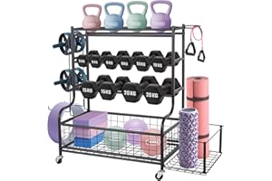 Leogreen Support d'haltères, Support de Rangement à Domicile pour Kettlebell, Tapis de Yoga, Equipement d'Entraînement, Yoga Rack Avec Crochets et Roues