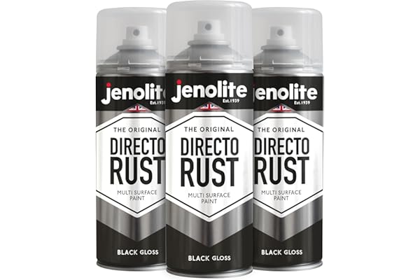 JENOLITE Directorust Bombe Peinture Brillante | NOIR | 3x400ml | Peinture Aérosol Anti-Rouille Pour Métal | Peinture Aérosol Brillante Multi-Surfaces Pour Bois, Métal, Plastique | RAL 9005