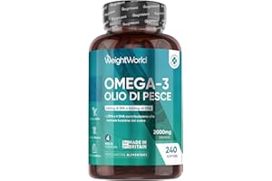 WEIGHTWORLD Omega 3 Olio di Pesce da 2000mg, 660mg EPA e 440mg DHA, Integratore Omega3 Fish Oil e Acidi Grassi Essenziali in 240 Softgel (4 Mesi), EPA e DHA Contribuiscono alla Normale Funzione del Cuore (EFSA)
