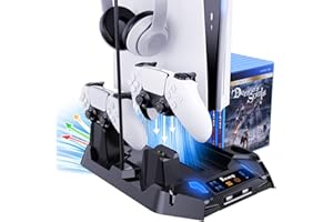 Benazcap Supporto PS5 con Ventola di Raffreddamento, Accessori PS5 per Console Playstation 5 con Stazione di Ricarica Doppio Controller, 1 Supporto per Cuffie e Conservazione per 8 Giochi - Nero