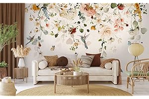 Naturempress Papier Peint Panoramique Oiseau Fleuri Aquarelle Papier Peint Intissé 3D Tapisserie Poster Decoration Murale Chambre Salon