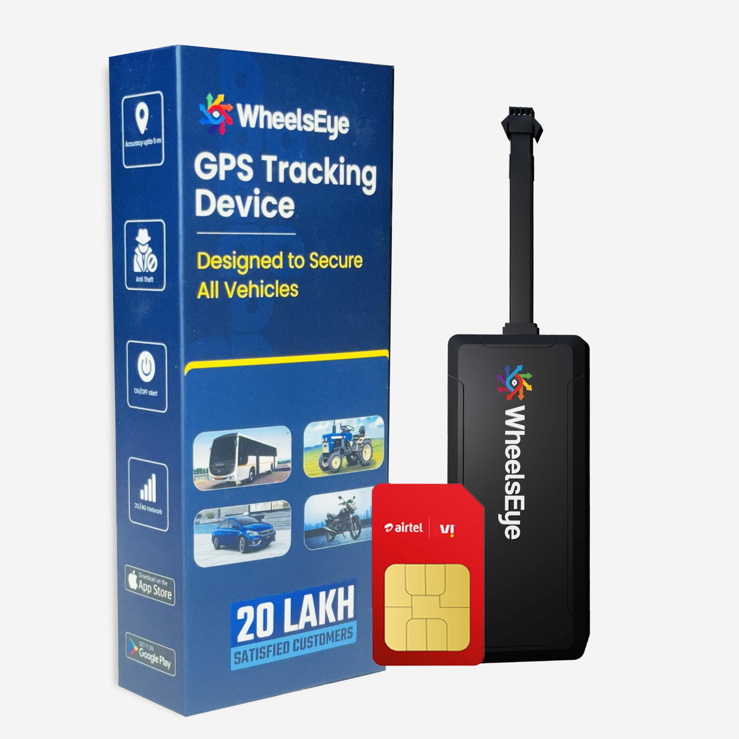 Wheelseye Vehicle GPS Tracking Device with App Subscription, Live Tracking & Geofencing â€“ SIM Card Included - Compatible with Cars (GPS Device - 1 Year Subscription)