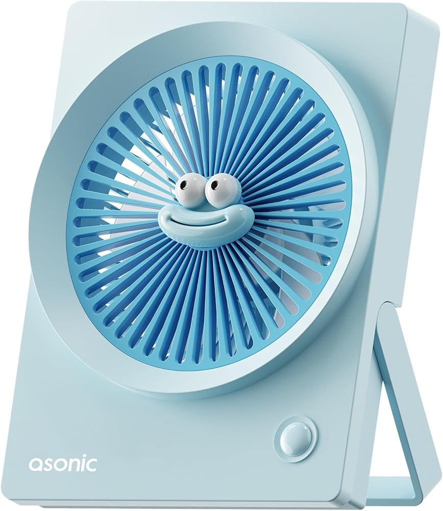 Asonic AFN23 Şarj Edilebilir Mini Vantilatör - Sevimli Karikatür Figürlü Masaüstü USB Fan, 3 Hız Kademeli Taşınabilir Kişisel Masa Fanı (Mavi)