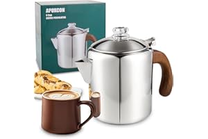 APOXCON Percolateur à café en acier inoxydable avec poignée en bois massif ignifuge et bouton de progression en verre transparent résistant pour le camping, utilisation sur n'importe quelle cuisinière