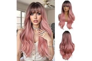 OUFEI 24 pulgadas de largo ondulado rosa natural ámbar pelucas de las mujeres de pelo sintético con raíces oscuras para el uso diario Cosplay Partido