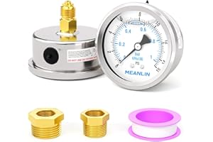 MEANLIN MEASURE 0~1BAR/15PSI Manomètre à cadran en acier inoxydable 1/4"BSP 2.5" DIAL rempli de liquide WOG Eau Huile Air Montage arrière,avec douille hexagonale 1/4"x 1/2" BSP et 1/4"x 3/8" BSP