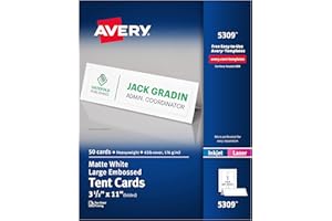 Avery Bedruckbare Zeltkarten, 8,9 x 27,9 cm, weiß mit geprägtem Rand, 50 leere Tischkarten für Laser- und Tintenstrahldrucker (5309)