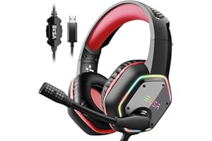 EKSA E1000 Cuffie da gioco USB - Cuffie per PC con microfono/microfono con cancellazione del rumore, Cuffie cablate con audio surround 7.1 e luce RGB - Cuffie da gioco per laptop console PS4/PS5 Rosso