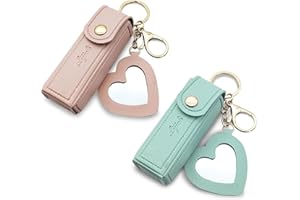 AfitLulu 2 unidades lápiz labial estuche llavero con espejo, soporte para bálsamo labial, portátil, lápiz labial, funda de piel, bolsa de cosméticos, organizador de maquillaje pequeño, Rosa + azul.,