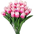 OFRANK Artificial Tulip 20 Pcs Silk Flowers 13.5" for Home Decorations Centerpieces Arrangement Wedding Bouquet (Pink)