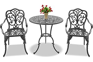 Centurion Supports BANGUI Luxurious Garden & Patio Table & 2 Large Chairs with Armrests Cast Aluminium Bistro Set - Grey