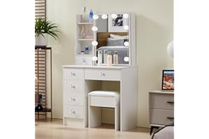 Ereousa Postazione Trucco con Luci Led e Sgabello, Toeletta Trucco con 6 Cassetti 3 Ripiani e 3 Ripiani Nascosti per Il Trucco, Toletta da Trucco con Maniglie in Cristallo, Bianco