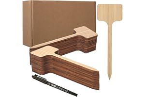 Worown 60 cartelli ecologici per piante in bambù, extra lunghi a forma di T, in legno con pennarello nero impermeabile