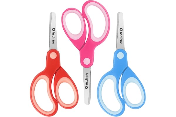 Asdirne Ciseaux de sécurité pour enfants Pointe émoussée, poignée douce Acier inoxydable, 13,5 cm Parfaits pour la maison et l'école, lot de 3 couleurs assorties