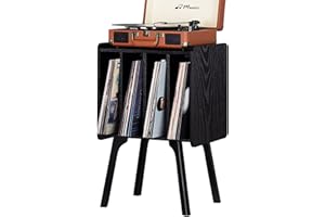 LELELINKY Small Record Player Stand - Width 11.7 in, Black Vinyl Record Storage Table with 4 Cabinet Up to 80 Albums, Vinyl Holder with Wood Legs,Turntable Stand Display Shelf for Bedroom Living Room