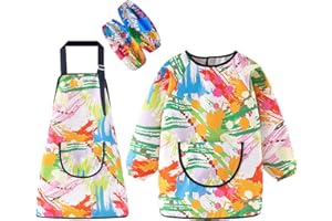 Jicyor Tablier Peinture Enfant, 2 Pièces Imperméables Blouse Peinture Enfant Tablier De peinture Réglable Tablier réutilisable avec poches Convient Aux Enfants De 6 à 10 ans