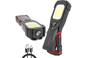 AuRiver Lampada da Lavoro,Lampade di ispezione,Portatile Ricaricabile 5W LED COB Super Luminoso Luce Ispezione Torcia, Base Magnetica e Gancio Appeso,per Riparazione Auto,Garage,Emergenza (Nero/R)