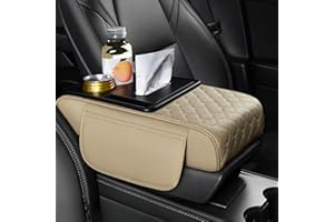 ST SoleMe.Tc Multifunctional Car Armrest Cushion with Cup Holder & Storage Pocket & Tissue Box, 5-In-1 Arm Rest Cover Pad for Car Accessories Interior, Grid, Beige