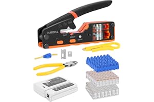 HARDELL Pinza Crimpatrice RJ45, Crimpatore Ethernet Passante per Connettori RJ11/RJ45 Cat5/Cat6, Kit Completo con Schema di Cablaggio, Lame di Ricambio, Guaine, Tester e Batteria